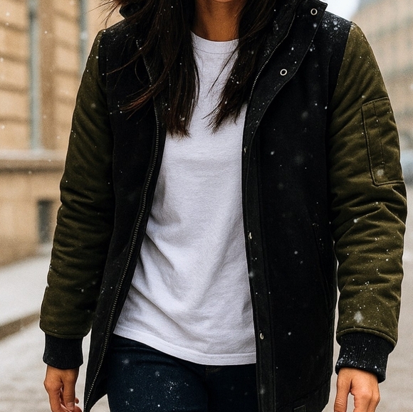 Superdry Wool Women's Coat - Medium in Black and Khaki (sleeves) - Picture 8 of 8